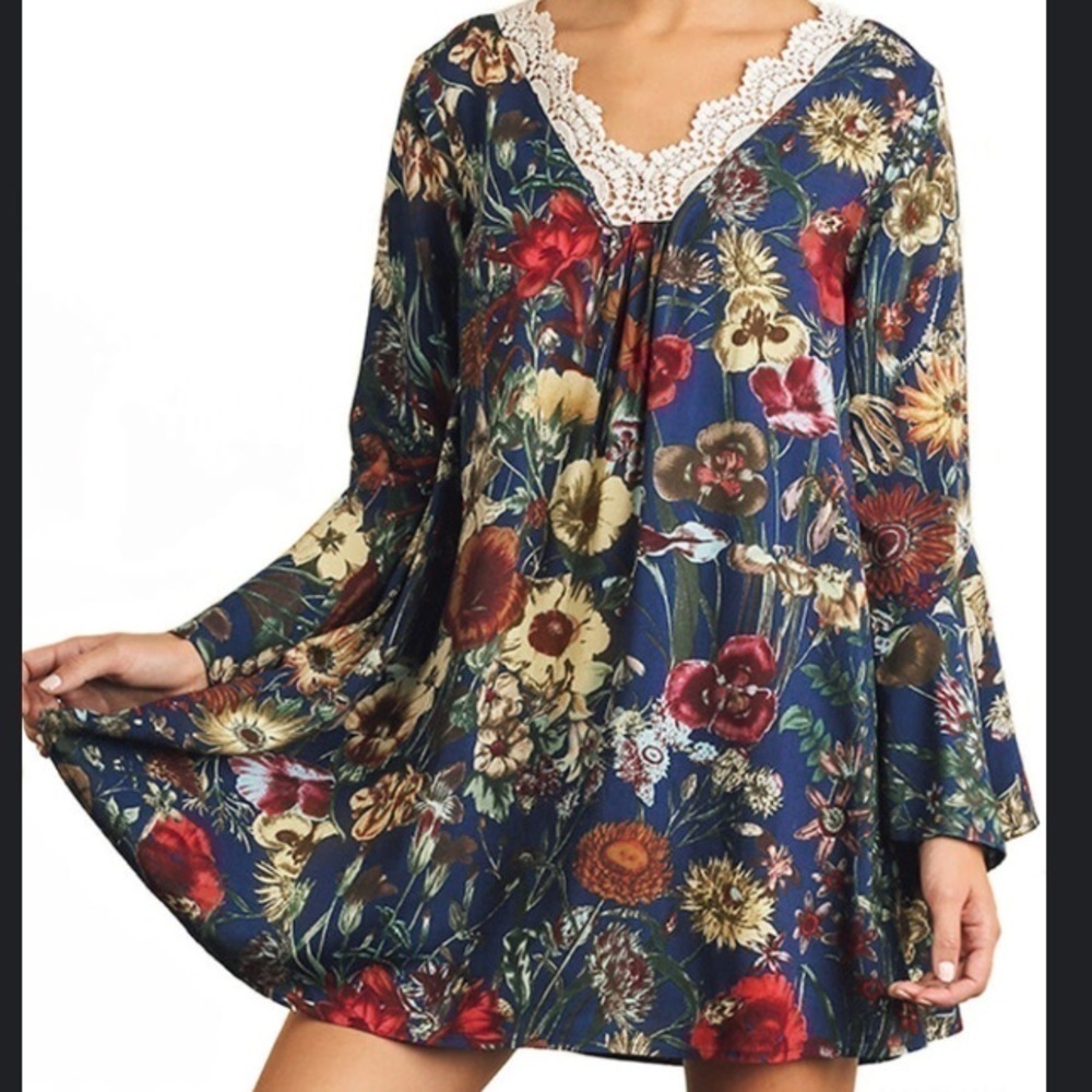 Umgee Navy Floral Bell Sleeve Dress